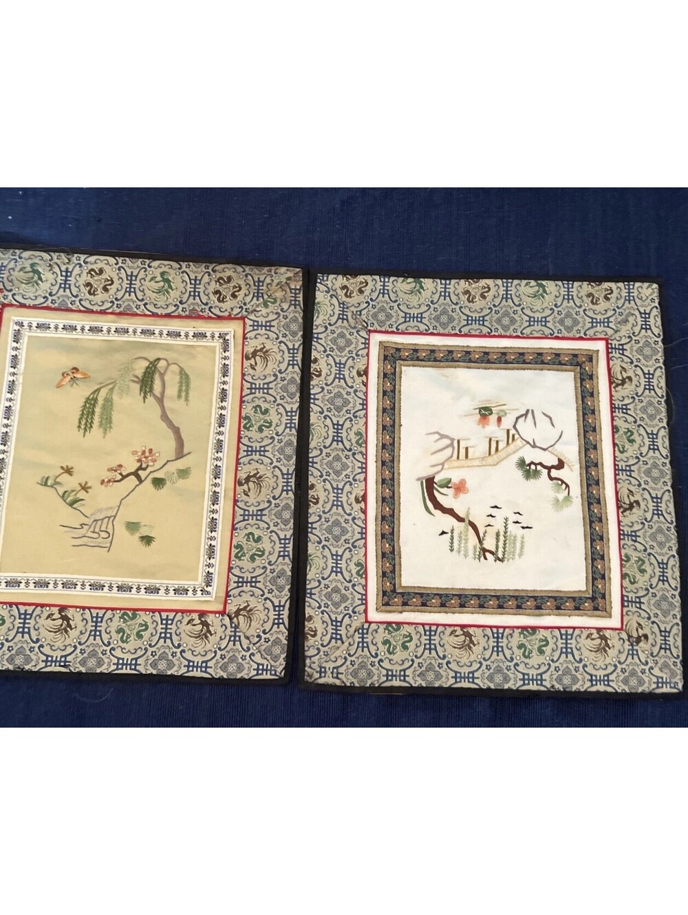 Vintage 2 Piece Chinese Handmade Embroidered Tapestry 10"x11.5"